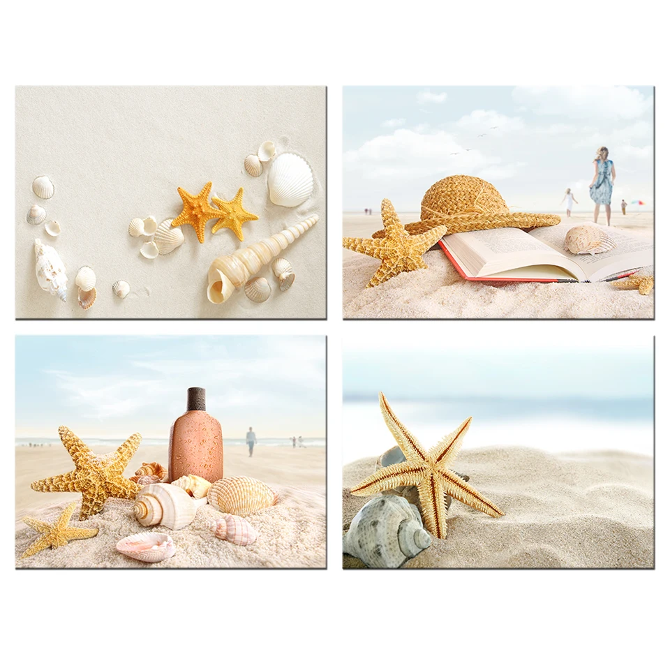 Moderne Seascape Wandkunst Leinwand Starfish Muscheln Auf Sand