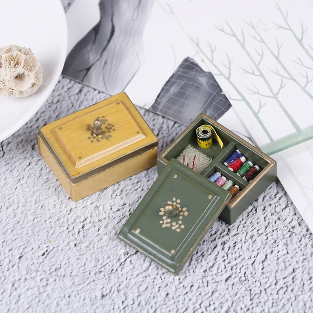 1:12 Miniature Vintage Sewing Box with Lid Winered Dollhouse Decoration Accessories Best Sale 1