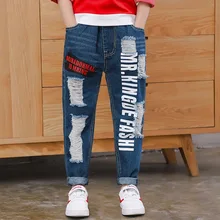 Больших размеров для мальчиков, джинсы из хлопка для подростков-Возраст высокое качество Отверстия Карманы эластичные брюки, кальсоны полной длины с аппликацией в виде Размер от 100 до 160