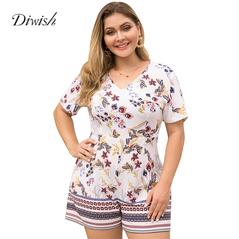 

Diwish Women Summer Playsuit Casual Print Holiday Ladies Jumpsuits Beach Style Wide Leg V Neck Plus Size Jumpsuits XL-4XL