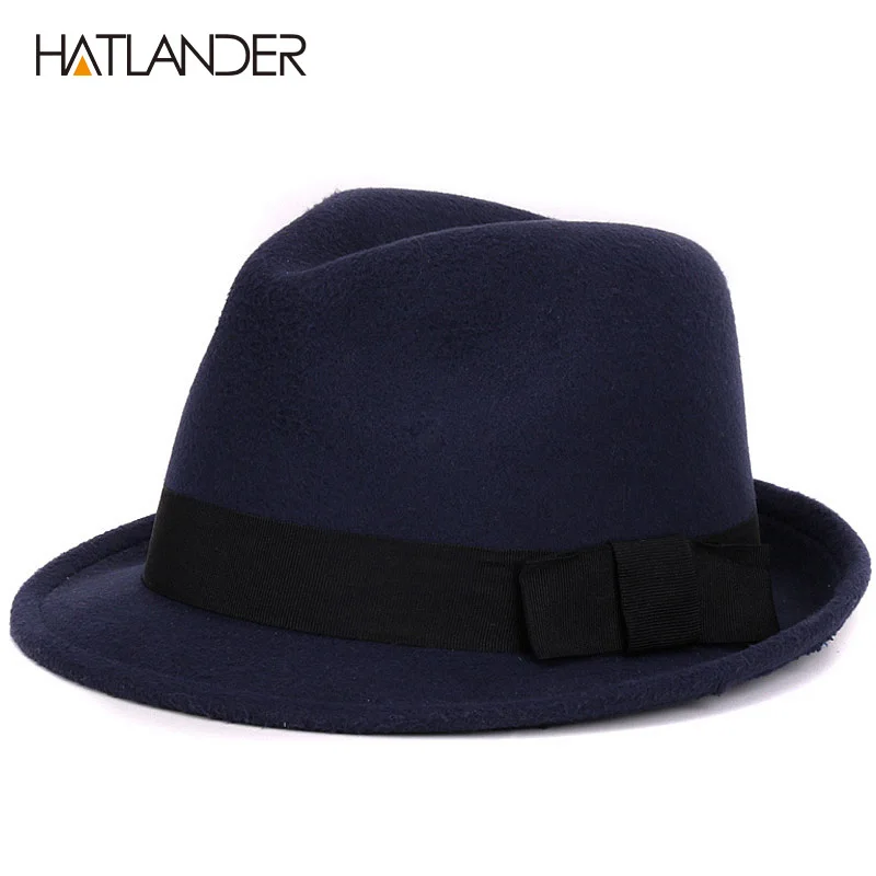 [HATLANDER] одноцветная шляпа-канотье из искусственной шерсти, фетровая шляпа для женщин и мужчин, джазовые кепки, Кепка-котелок, зимняя верхняя шапка - Цвет: Navy