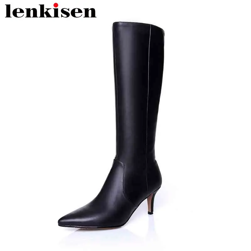 

Lenkisen mature woman black colour zipper pointed toe thin high heels genuine leather office lady all-match knee-high boots La1