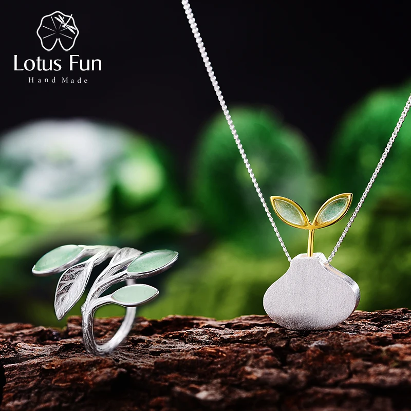 Lotus Fun реальные 925 пробы серебро Натуральный камень творческий ручной Fine Jewelry Весна в воздухе листья комплект ювелирных изделий Для женщин