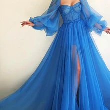 LORIE синее вечернее платье с пышными рукавами Robe De Soiree с разрезом по бокам, вечерние платья для выпускного вечера, Новые Вечерние платья с аппликацией