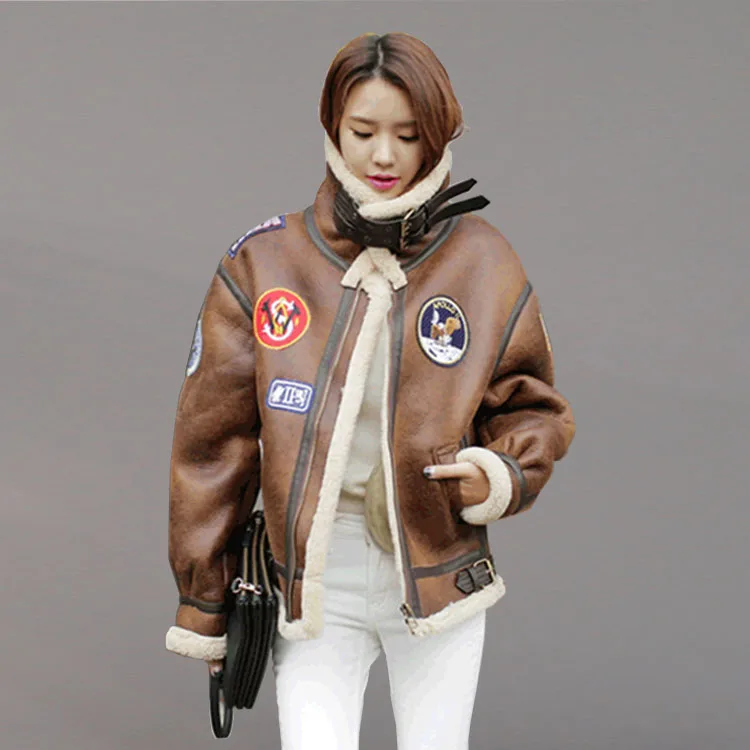Stylish Warm Suede Jacket Women Winter Black Brown Cool Badge Biker Jackets Lamb Lining Motorcycle Jacket