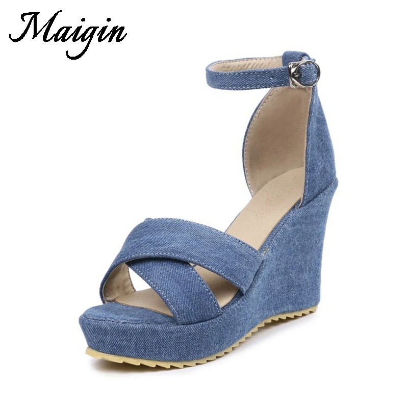 Maigin High Heels Navy Sandals Women 2018 Summer Denim Wedges Shoes for Women Cover Heel