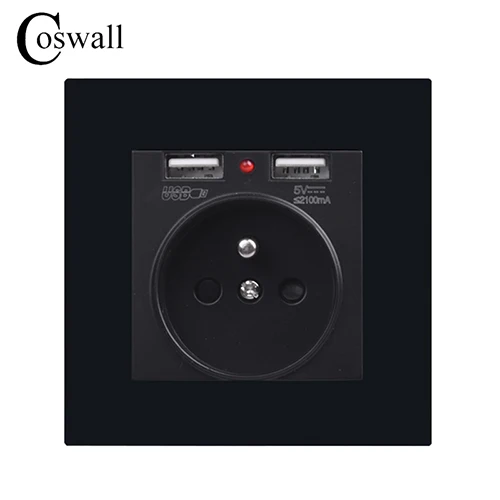 Coswall, двойной usb порт для зарядки, 5 В, 2.1A, светодиодный индикатор, 16A, настенная, французская розетка, ПК Панель, серый, черный, белый, золотой, 4 цвета - Тип: Black