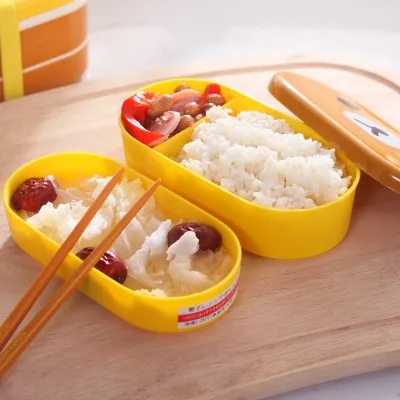 

BF040 Microwave Rilakkuma Bento Yellow Microwave Nostrils Chickens Multilayer Children Lunch Box with Chopsticks 17*8.5*8.5cm