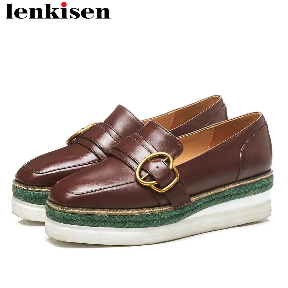 

Lenkisen full grain leather thick bottom metal decoration slip on square toe European Punk vintage concise brand women pumps L58