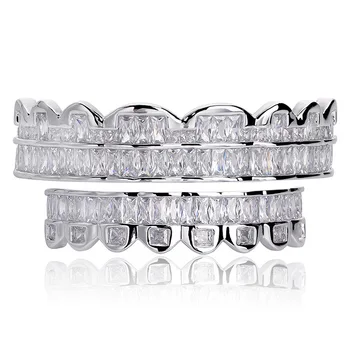 

Hip Hop Square CZ Stone Paved Bling Iced Out Teeth Grillzs Top Bottom Set Dental Grills Men Rapper Jewelry Silver Color Gift