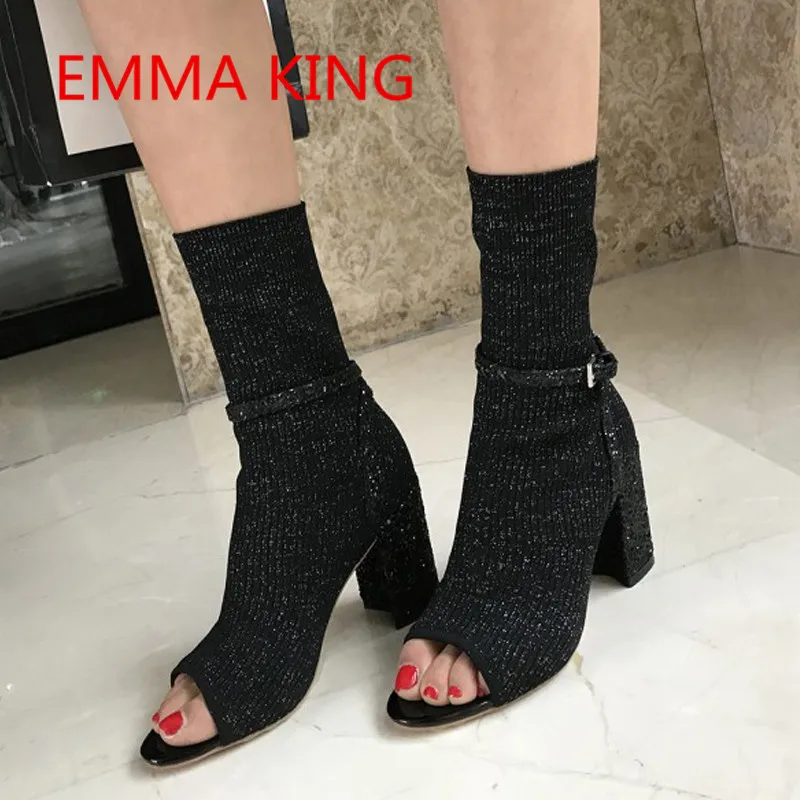 

Fashion Knitting Peep Toe High Heels Shoes Woman Ankle Stretch Socking Boots Bling Studded Chunky Heels Ladies Martin Boots
