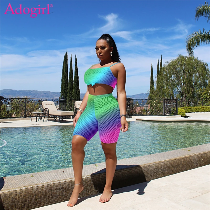 

Adogirl Changing Color Fishnet Two Piece Set Spaghetti Straps Crop Top High Waist Shorts Summer Beach Outfits Casual Suits