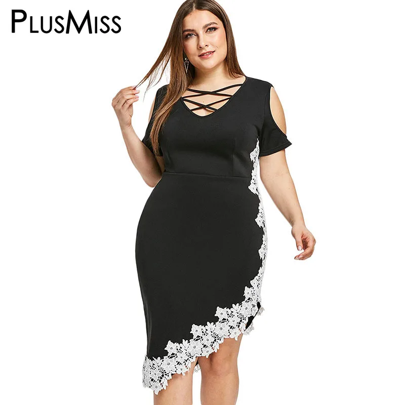

PlusMiss Plus Size XXXXL XXXL Cold Shoulder Lace Crochet Bodycon Dress Women Big Size Lace Up Sexy Night Club Mini Party Dresses