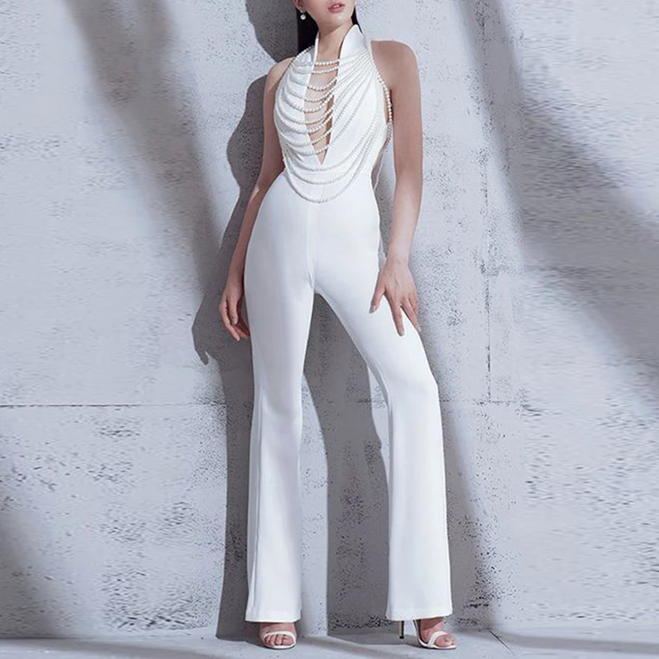 Высокое качество бисером Комбинезоны женские новые модные обтягивающий комбинезон без рукавов Белый пикантная открытая спина широкая