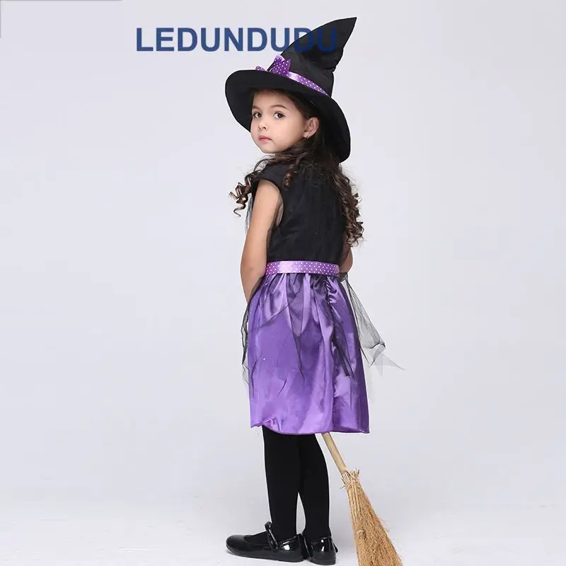 Kids Purple Witch Cosplay Costume with Hat Children Halloween Party Holiday Performance Clothes Girls Black Magic Witch Dress (11)