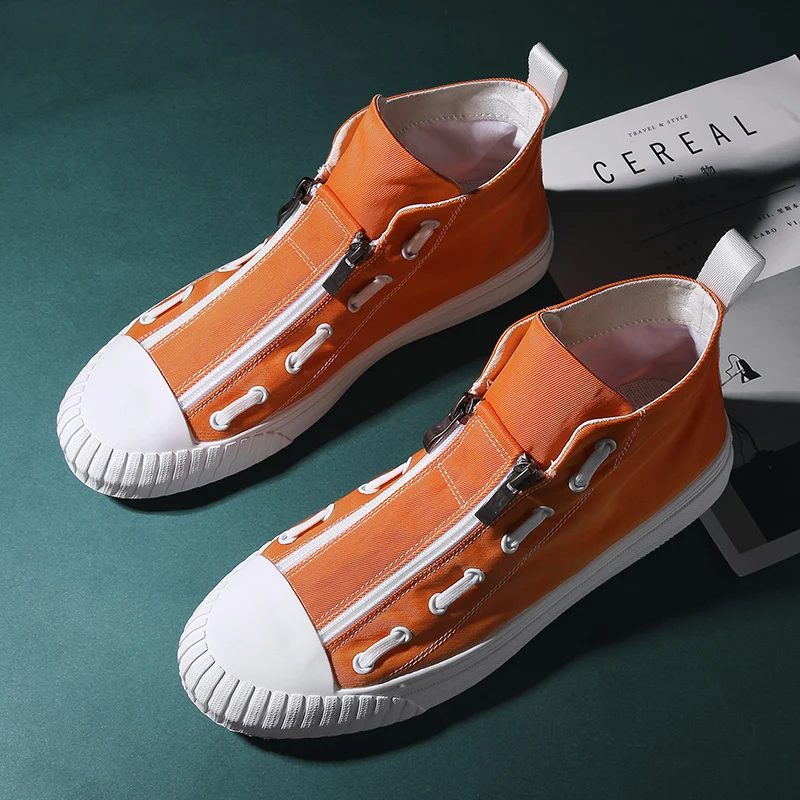 

Designer Man Canvas Flats Shoe Mid-Top Zipper Canvas Sneakers Men High Quality Fashion Mens Shoes Black Orange Youth Casual Shoe
