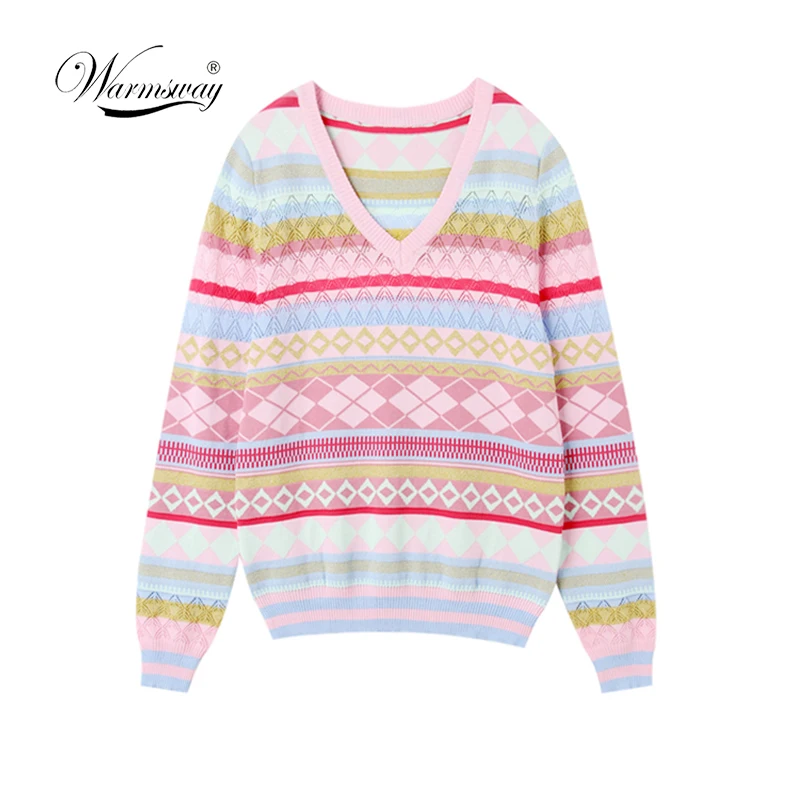 Vintage Chic Hollow out lurex Knitted Sweaters Women 2018 New Fashion O Neck Loose argyle Pullovers Casual Pull Mujer B-097