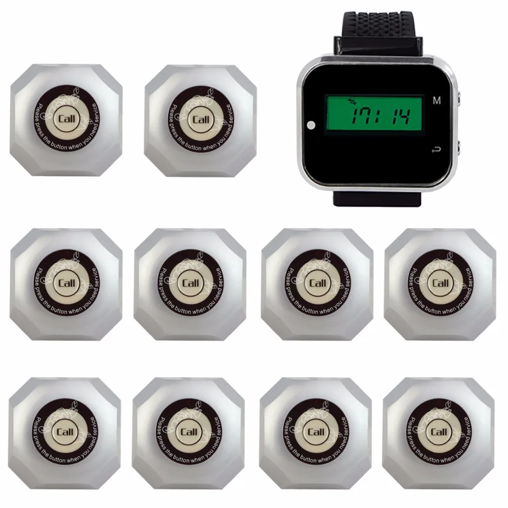 

Restaurant Call Button System Wireless Waiter Calling System Catering Equipment 1pc Watch Pager Receiver + 5pcs Call Bell Button
