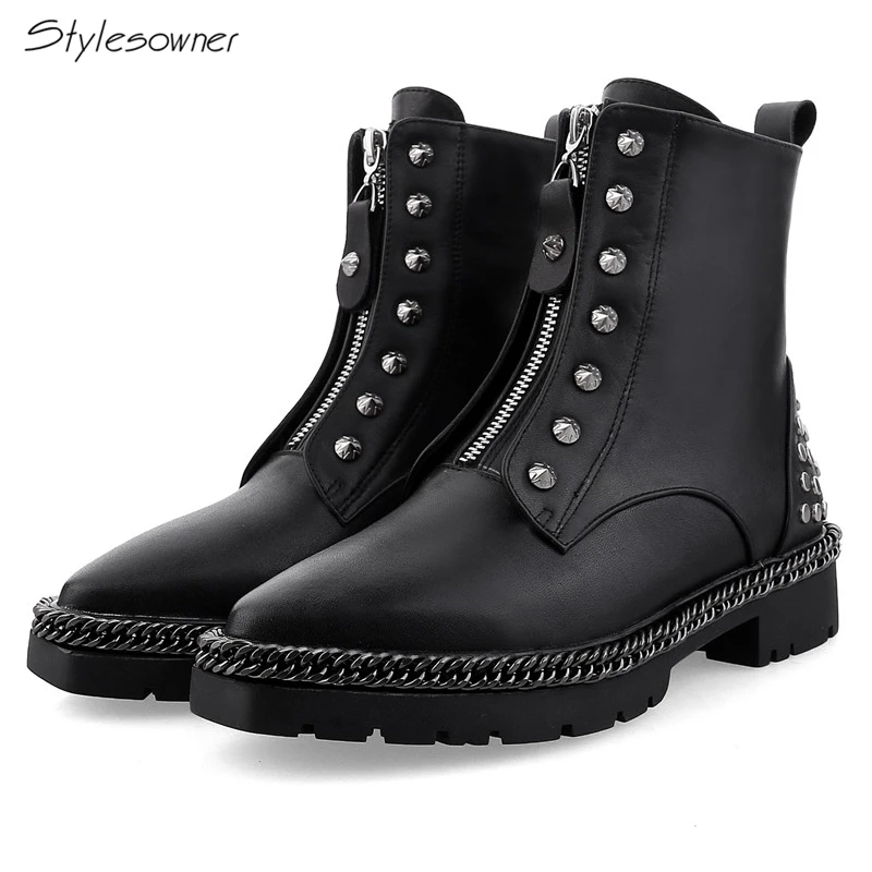 

Stylesowner New Chic Metal Chians Chic Women Ankle Black Boots Sexy Rivets Motorcycle Boots Zipper Brand Design Casual LadyBoots