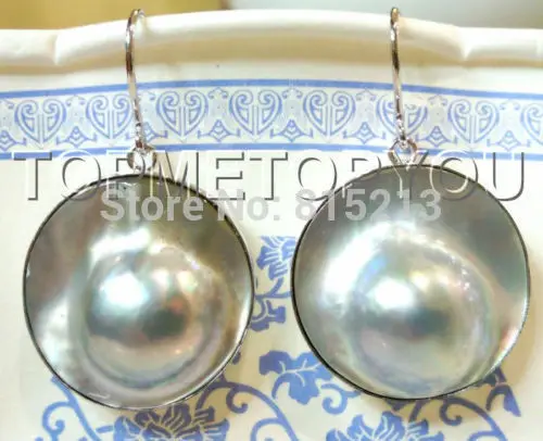 

hot sell new - wb00454 AAA natural rare Gray South Sea Mabe Pearls Earrings 925sc Dangle