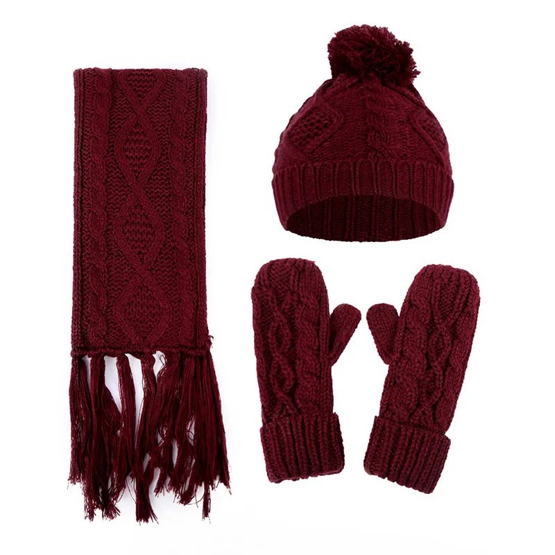 Женская зимняя шапка, шарф, перчатки, набор, модный, теплый, вязанный, шерсть, полный палец, перчатки, шарик для волос, Вязанные шерстяные шапочки, вязаный шарф