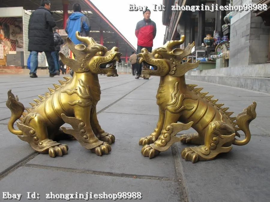 

Do old retro antique Retro bronze factory outlets China Pure Brass Temple talisman Evil Fu Foo Dog Lion beast Dragon kylin Pair