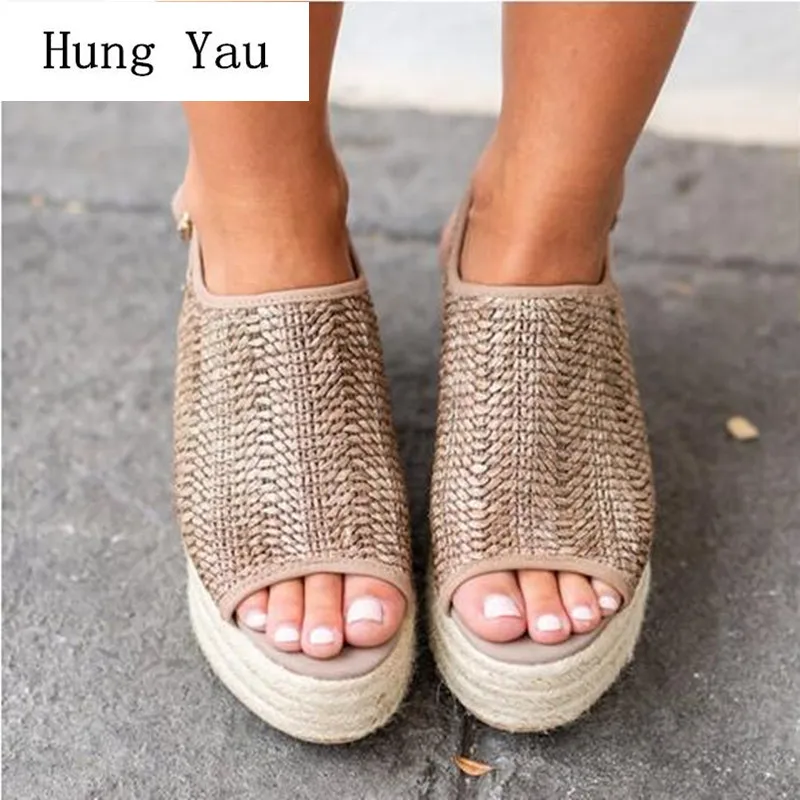 

Women Sandals Hemp Weaving Shoes Breathable 2019 New Summer Fashion Wedges Slides Peep Toe Lady Casual Buckle Strap Plus Size