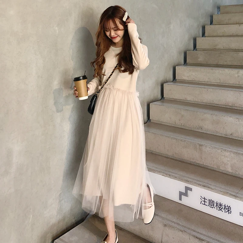 

Spring Mesh Tulle Patchwork a Line Dress Casual Long Sleeve Princess Dress Midi Robe Femme Vestido Mujer Vestiti Donna