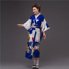 Синий Традиционные Японские Женские шелковые кимоно пикантные юката платье с Оби вечернее платье Производительность платье для танцев один размер NK007