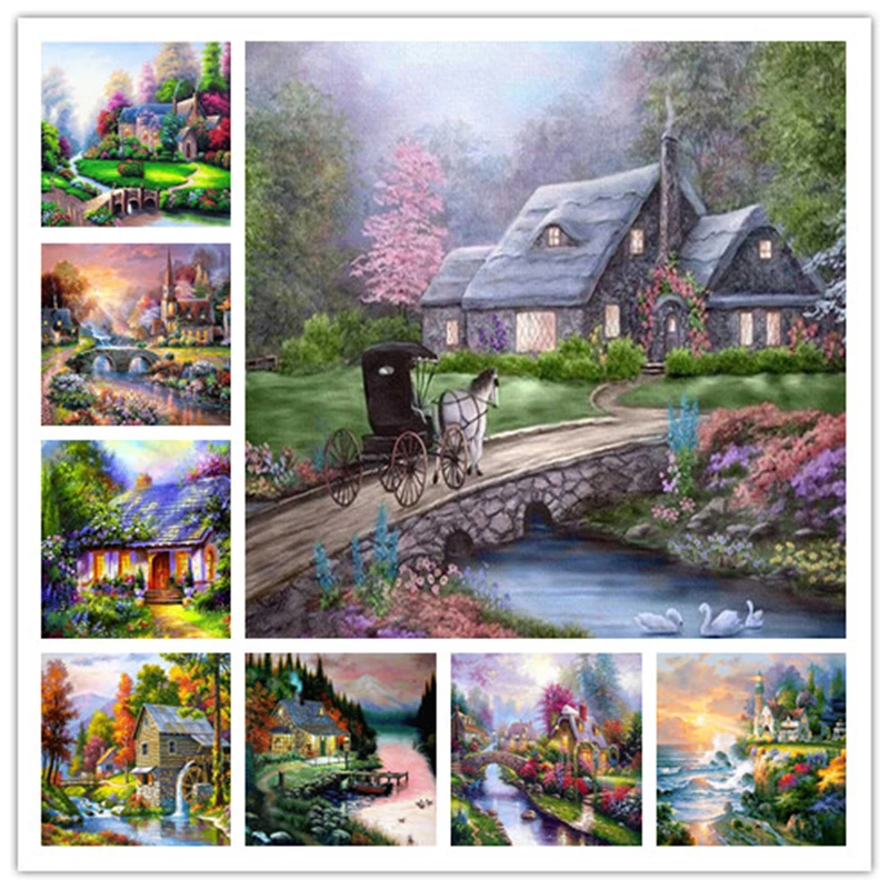 Allywit-Decoration 5D DIY Diamond Painting Full Drill Paint with Diamonds Living Room Village Farm & Village River for Home Wall Decor by Number Kits 30X40CM 