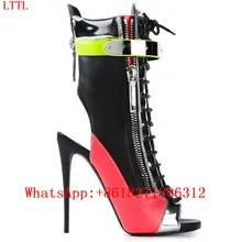 Nuevos Colores Mezclados Otoño Diseñador Zapatos de Mujer Botas Peep Toe de Las Mujeres High Top Tobillo Botines Lace Up Zip Slingback Estilete de Los Altos Talones