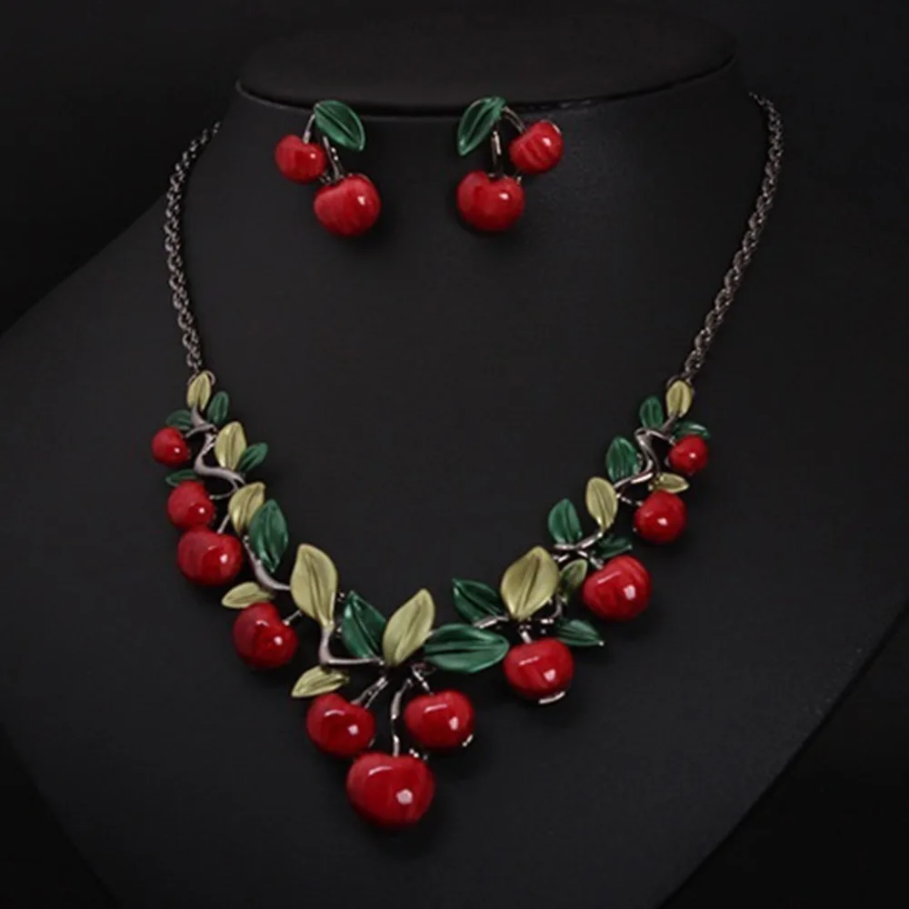 Oil Alloy Cherry Jewelry Sets For Woman Vintage Chain Necklace Pendant Earrings Statement Bridal Wedding Party Gifts Oil Alloy Cherry Jewelry Sets For Woman Vintage Chain Necklace Pendant Earrings Statement Bridal Wedding Party Gifts
