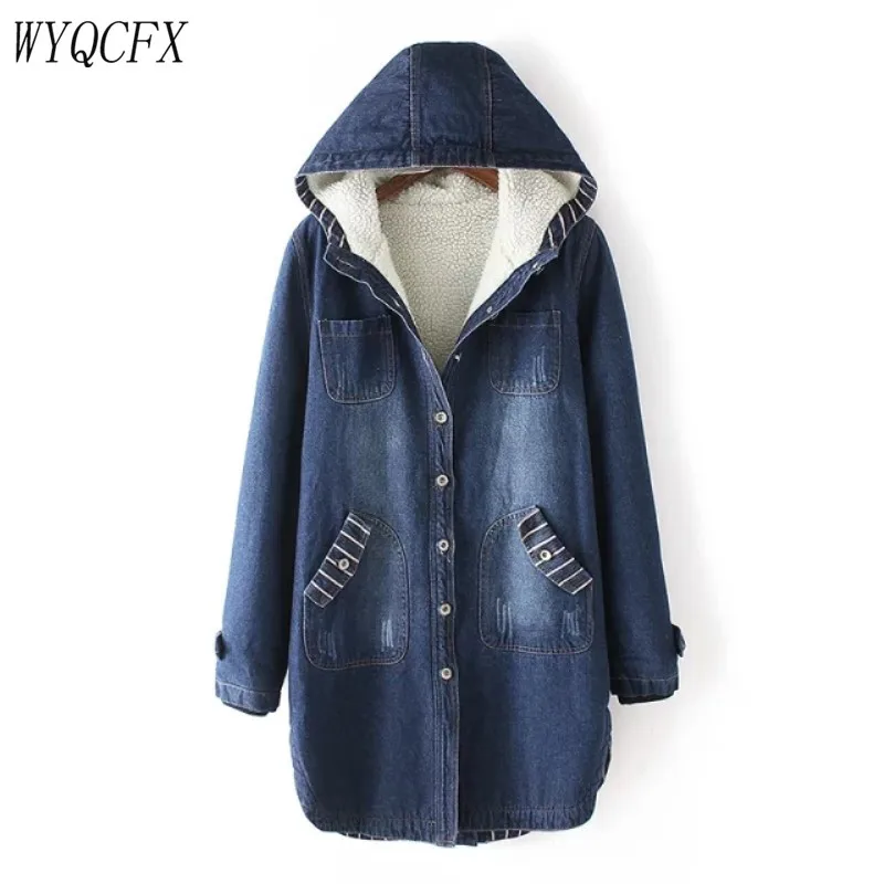 

2019 Winter Long Jeans Jacket Women Korean Big Size 3XL Fashion Thicken Denim Outerwear Harajuku Hooded Casual Lady Basic Coats