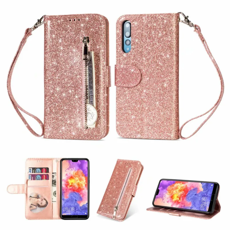 

Zipper Wallet Flip Leather Case for Huawei Mate 20 Pro Cover Bling Glitter Flip Cover for Huawei P20 Lite Mate 10 Pro Phone Bag