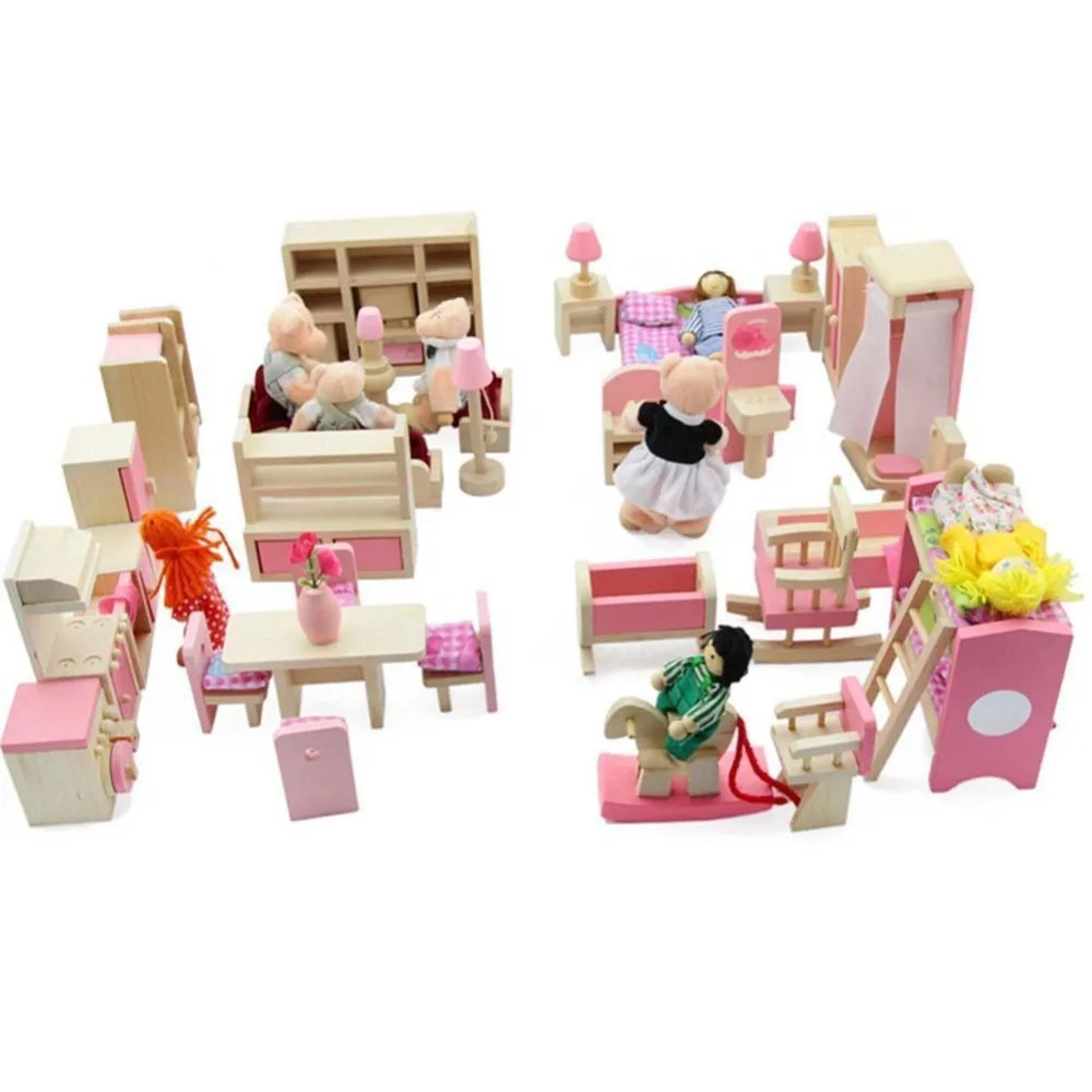 Деревянный кукольный домик мебель ролевые игры миниатюрный кухня кровать гостиная, ресторан спальня ванная комната для детей игрушка в