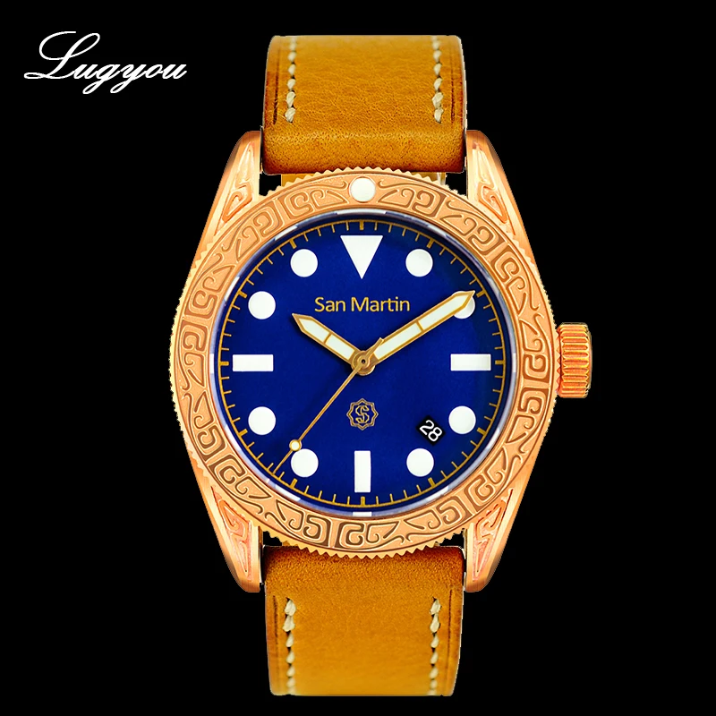 

Lugyou San Martin Vintage Bronze Automatic Watch Unisex Carved Traditional Pattern Leather Strap SLN Glow Sapphire Gradual Dial