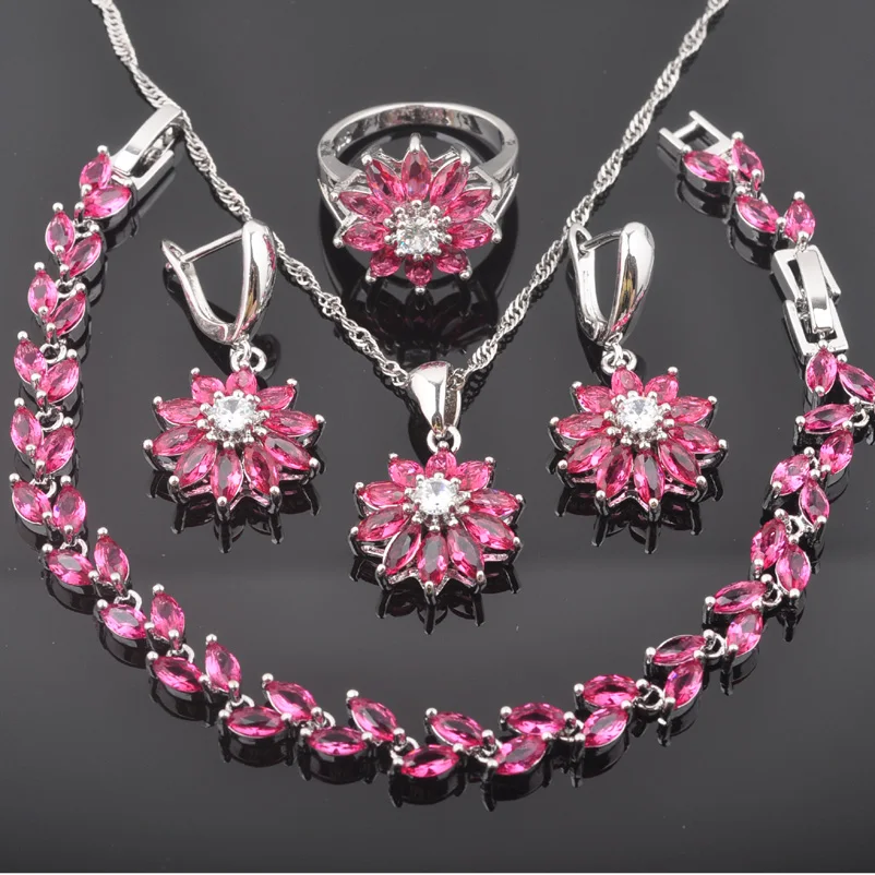 

FAHOYO 2019 New Flower Rose Red Zirconia 925 Sterling Silver Women Jewelry Sets Bracelet Necklace Pendant Earrings Ring QS0435