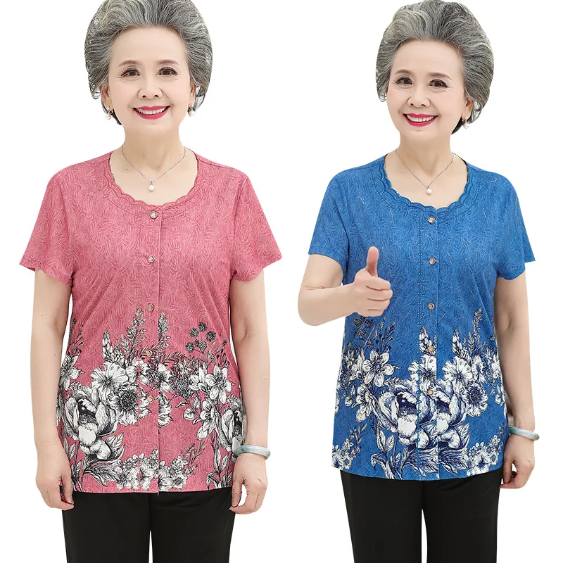 

Spring Summer Blusa Middle Age Old Mother Clothes Print Short Sleeve Top Plus Size Women Button Cardigan Blouse Grandma Shirt