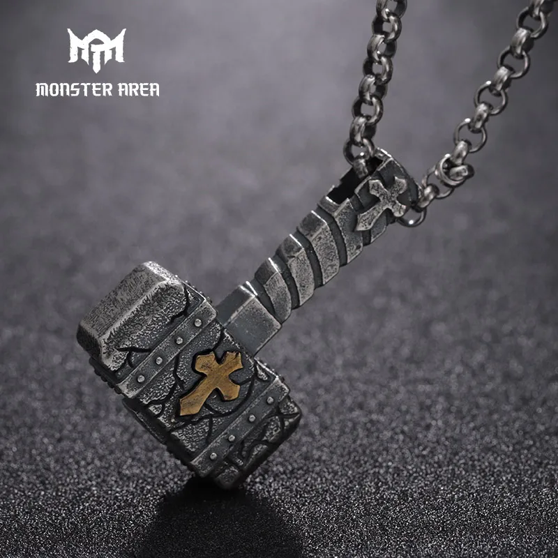 

MONSTER AREA Vintage Solid 990 Silver The Hammer Pendant For Men Retro Black Heavy Metal Jewelry
