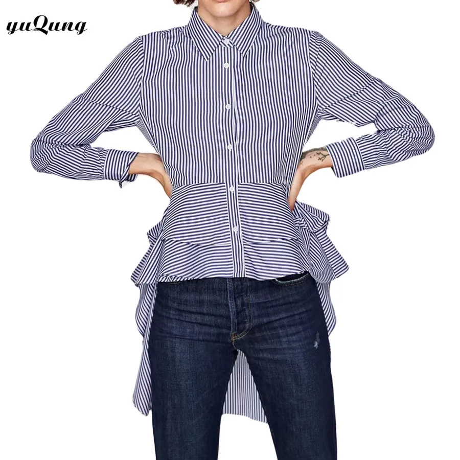 yuqung new women stripe blouse 2017 autumn ruffles Tail