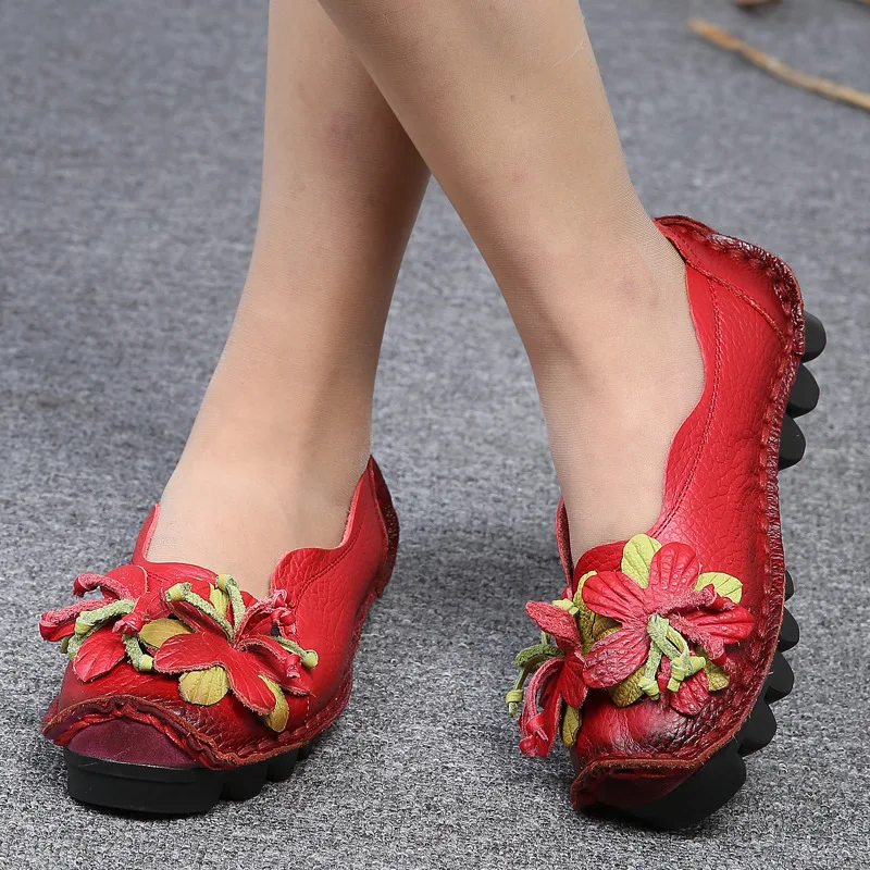 Woman shoes Autumn handmade fashion casual leather flowers single shoes comfortable soft soles pregnant women flat shoes
