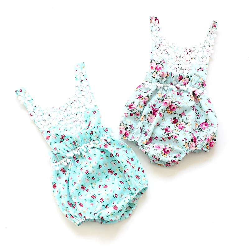 Luckikikids Baby Girls Cotton Vintage Floral Ruffle Rompers Clothing Headband Set