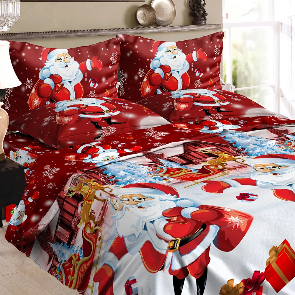 Bedding Set Christmas Bed Linen Santa 3D Printed Duvet Cover + 2pcs Pillowcases + Bed Sheet Set Christmas Bedroom Decorations