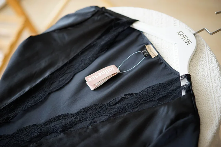 Шелковое платье для сна на бретельках, ночная рубашка с длинным рукавом, комплекты летней одежды для сна, комплект нижнего белья с халатиком, сексуальное платье размера плюс, халат, комплект для сна - Цвет: Черный