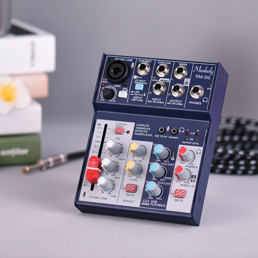 

Mini 3-Channel Mixing Console Sound Card Audio Mixer Supports 5V Power Bank USBBuilt-in 48V Phantom Power for Recording DJ