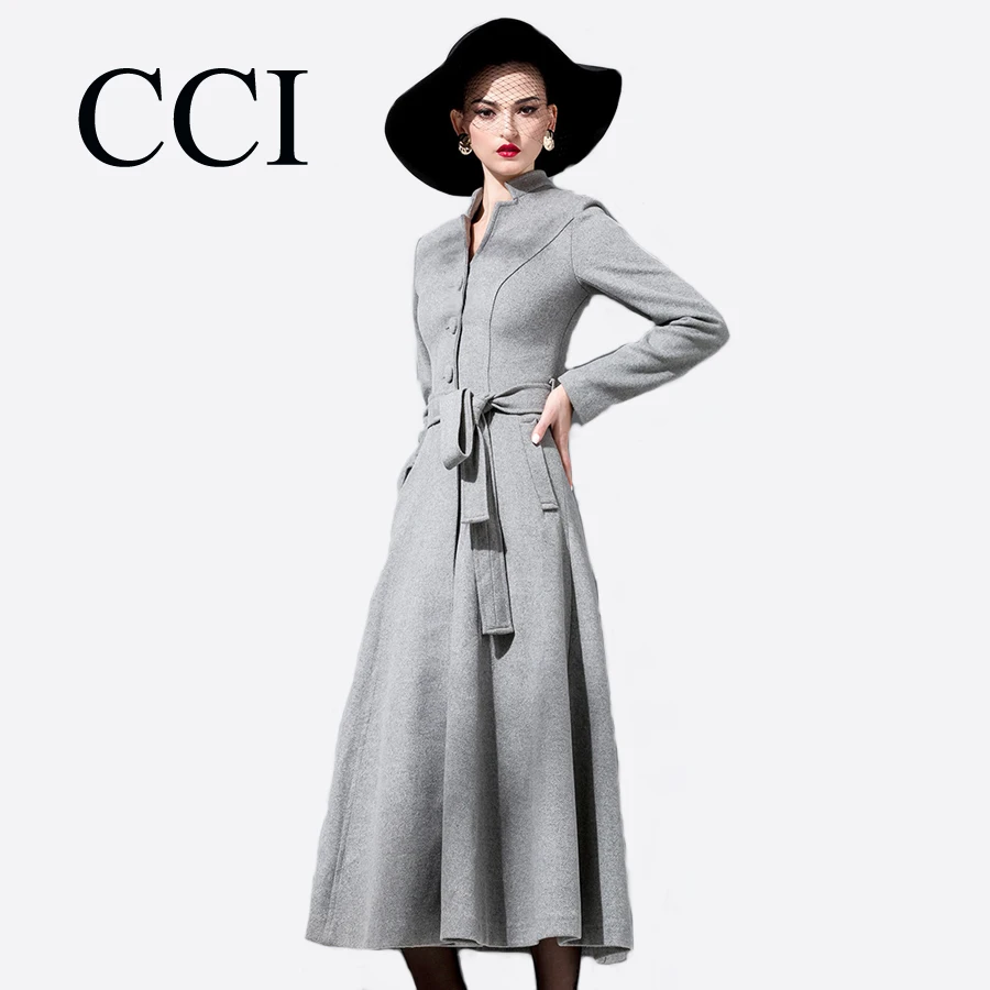 CCI Elegant Wool Coat Women Long Woolen Bend Jackets Gray Outwear For