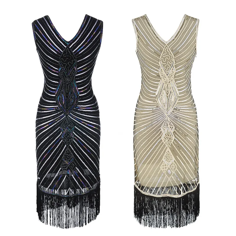 Women Gatsby Dress Geometric Sequins Mesh Patchwork Vintage Flapper 1920s Fringed Dress Bodycon Club Party Dresses Plus Size (1)