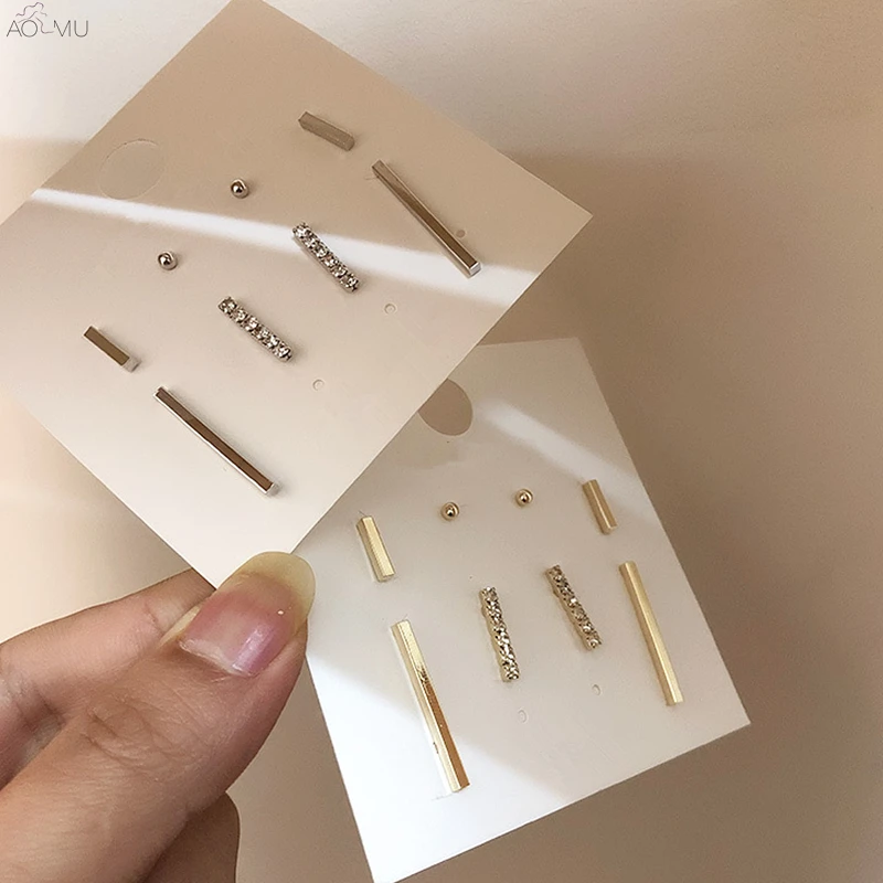 

AOMU 8PCS/SET Simple Minimalist S925 Sterling Silver Metal Gold Small Ball Square Bar Crystal Stud Earrings Set for Women Girl