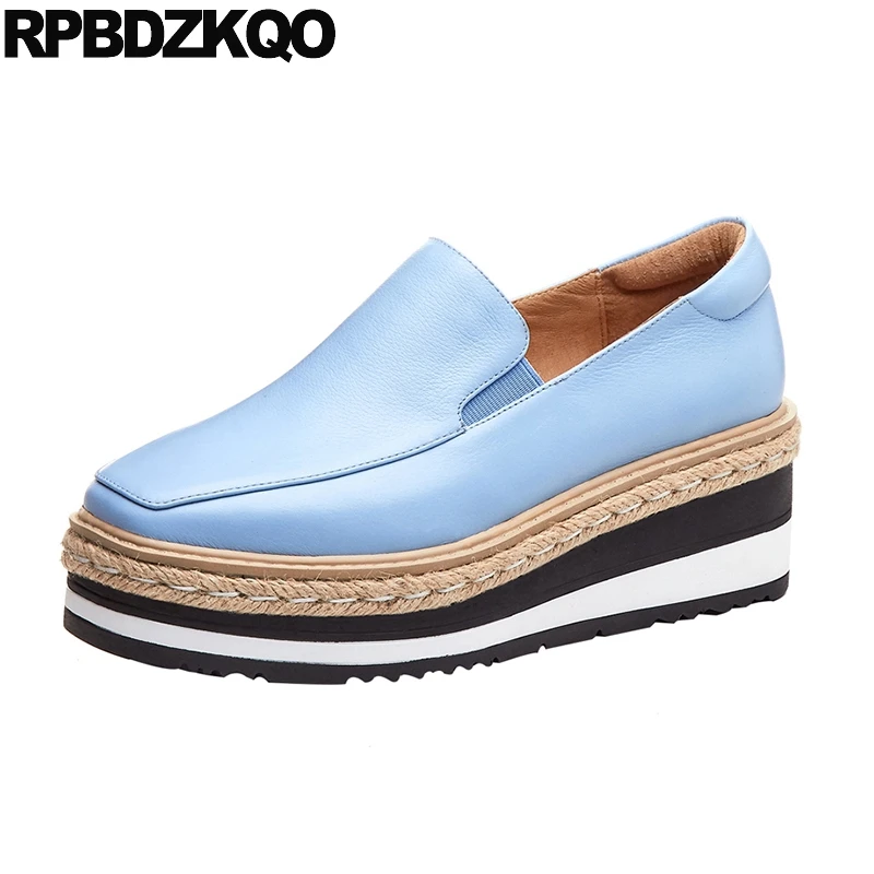 

Hemp Square Toe Muffin Japanese School Genuine Leather Wedge Blue Elevator Creepers Rope Platform Shoes Women Cowhide Thick Sole