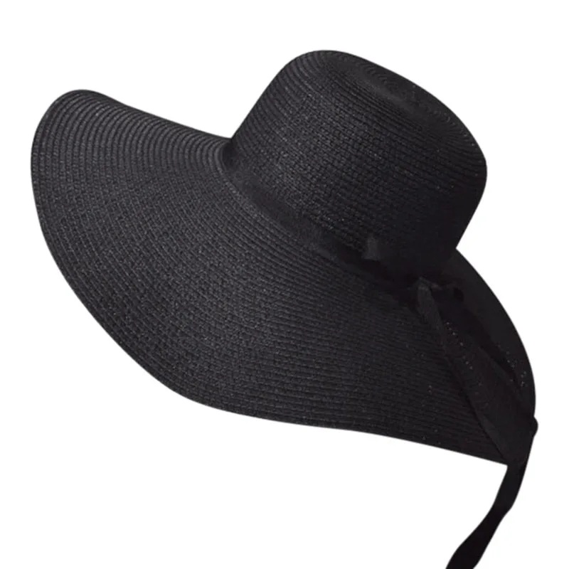 Горячая Женская с широкими полями летняя пляжная шляпа от солнца Дамская соломенная флоппи(черная